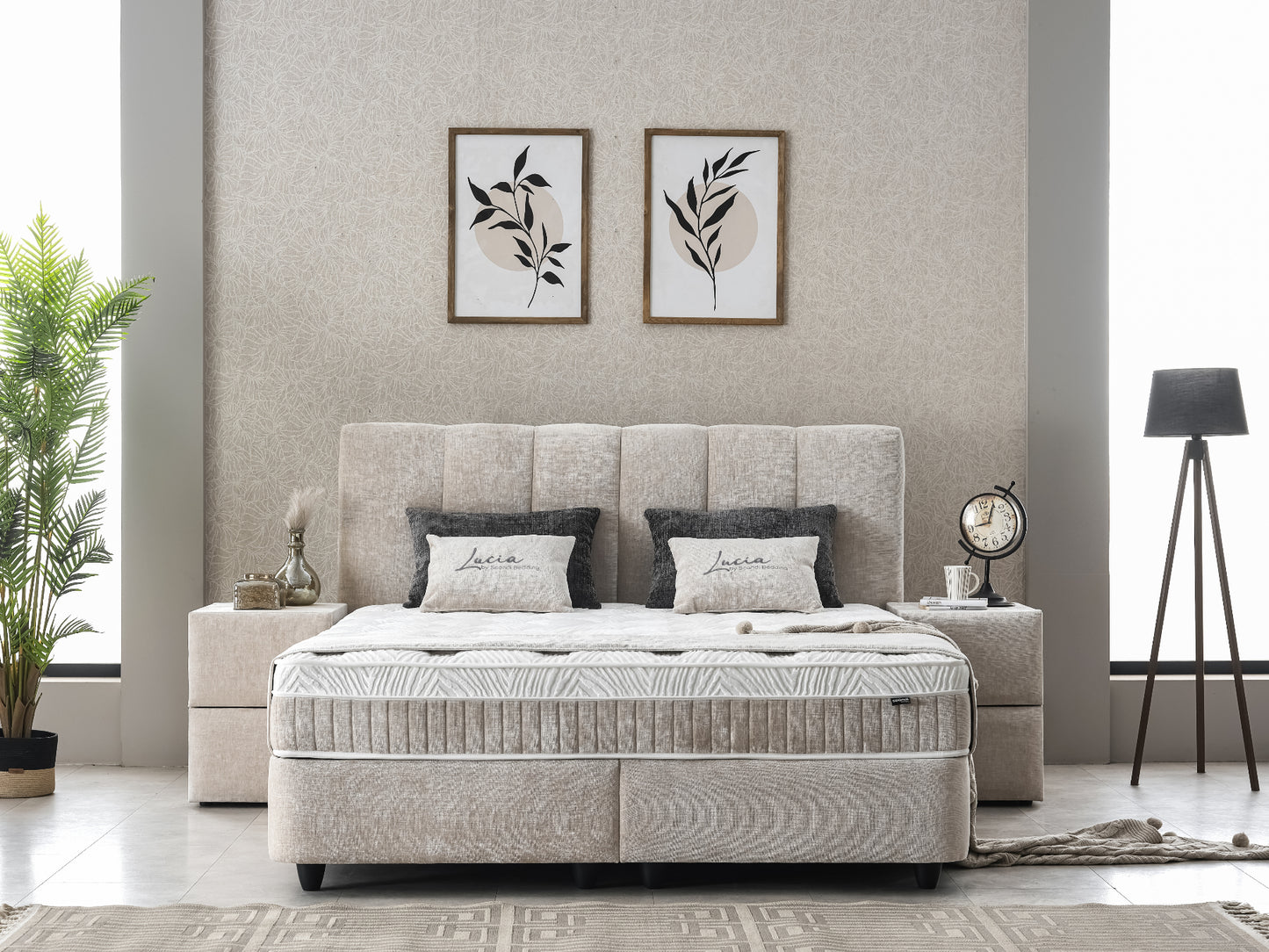 Boxspringbett Lucia Hellgrau/Beige Voll-orthopädisches Komfortbett mit Bettkasten, Stauraum, inkl. kostenlose Lieferung und Montage
