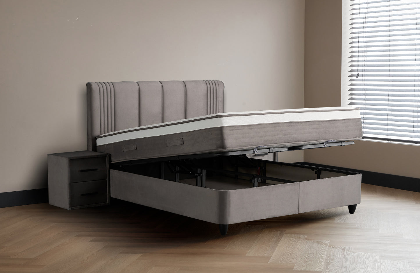 Boxspringbett Belicia Grau Voll-orthopädisches Komfortbett mit Bettkasten, Stauraum, inkl. kostenlose Lieferung und Montage