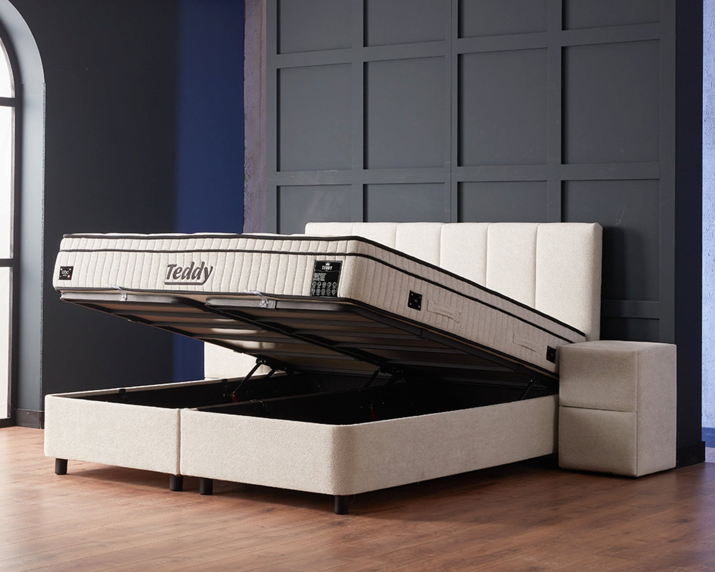 Boxspringbett Teddy Cremeweiß Voll-orthopädisches Komfortbett mit Bettkasten, Stauraum, inkl. kostenlose Lieferung und Montage