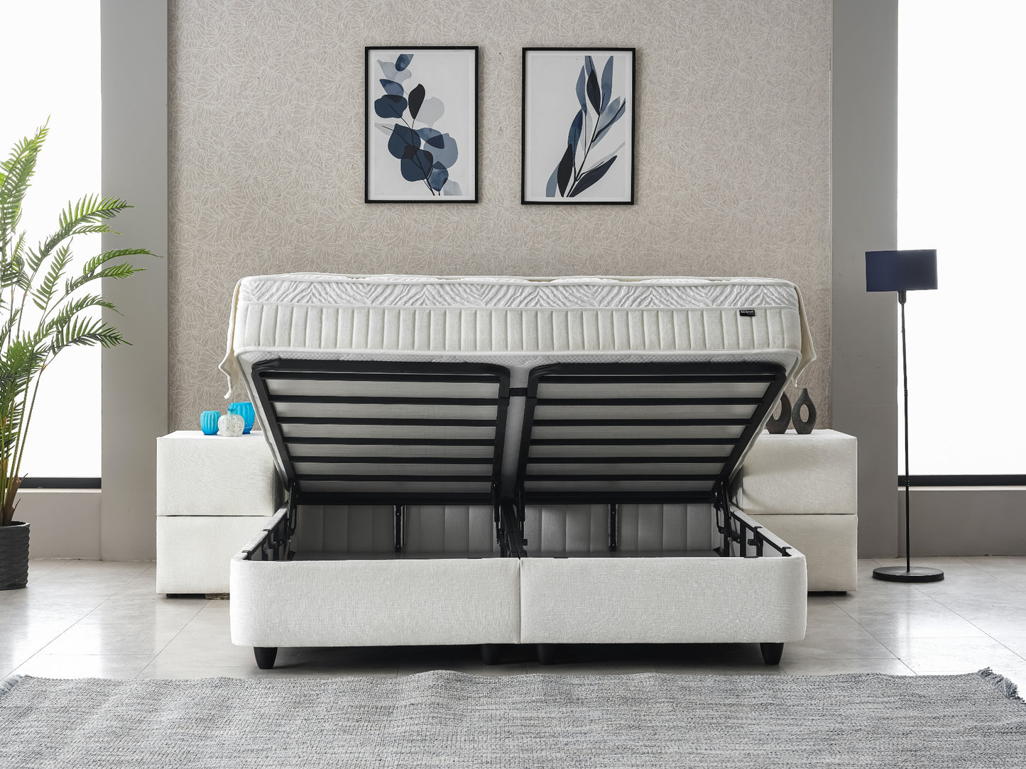 Boxspringbett Laura Cremeweiß Voll-orthopädisches Komfortbett mit Bettkasten, Stauraum, inkl. kostenlose Lieferung und Montage
