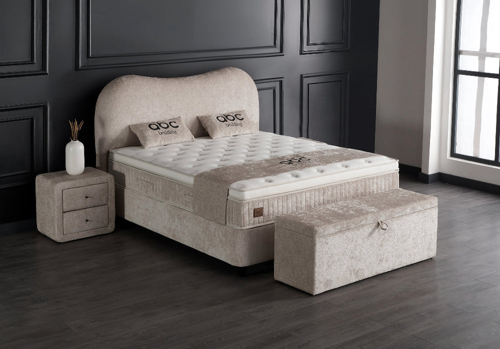 Boxspringbett Sofia Beige Voll-orthopädisches Komfortbett mit Bettkasten, Stauraum, inkl. kostenlose Lieferung und Montage