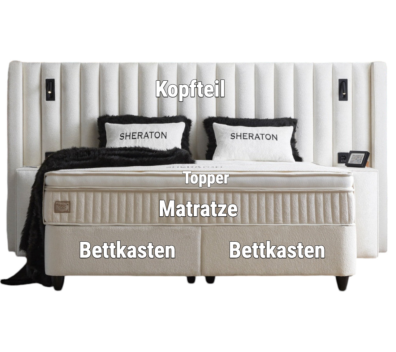 Boxspringbett Sheraton Cremeweiß Voll-orthopädisches Komfortbett mit Bettkasten, Stauraum, inkl. kostenlose Lieferung und Montage, inkl. Beleuchtung und integrierten Steckdosen im Kopfteil