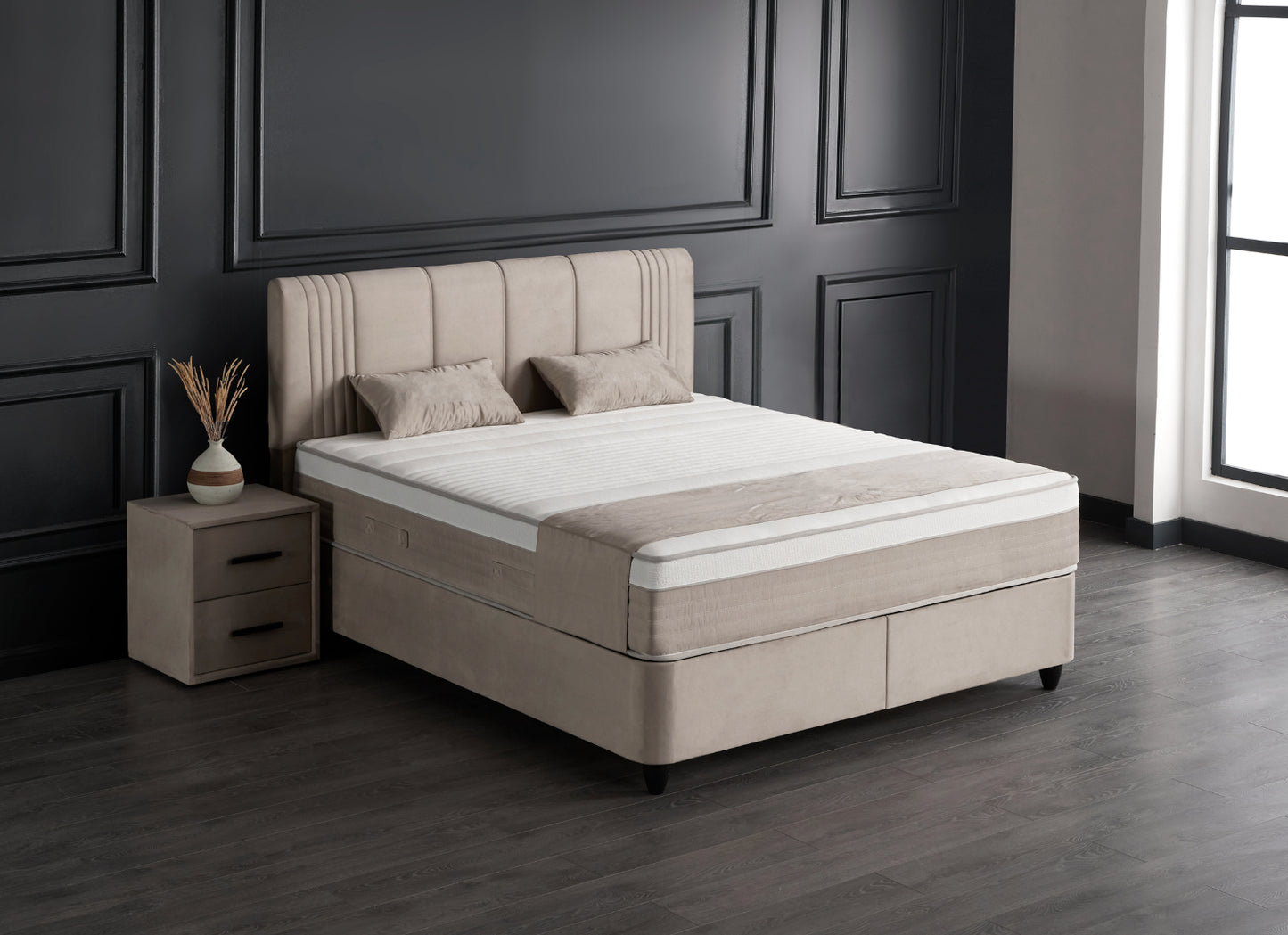 Boxspringbett Belicia Beige Voll-orthopädisches Komfortbett mit Bettkasten, Stauraum, inkl. kostenlose Lieferung und Montage