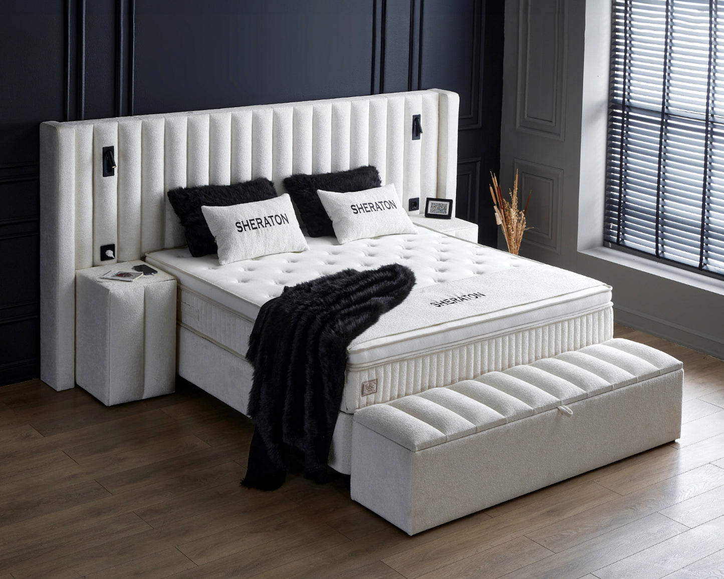 Boxspringbett Sheraton Cremeweiß Voll-orthopädisches Komfortbett mit Bettkasten, Stauraum, inkl. kostenlose Lieferung und Montage, inkl. Beleuchtung und integrierten Steckdosen im Kopfteil