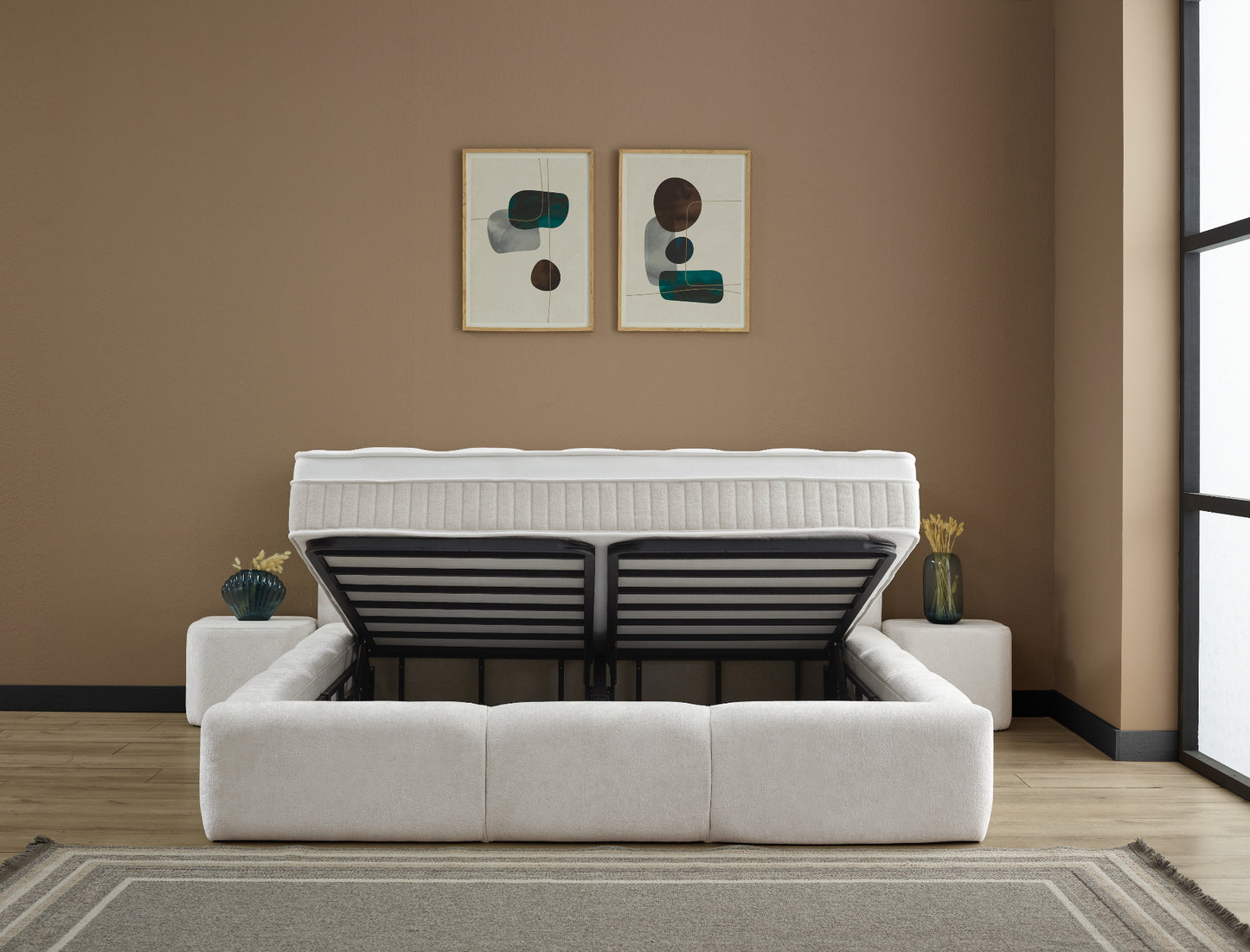 Boxspringbett Esila Cremeweiß Voll-orthopädisches Komfortbett mit Bettkasten, Stauraum, inkl. kostenlose Lieferung und Montage