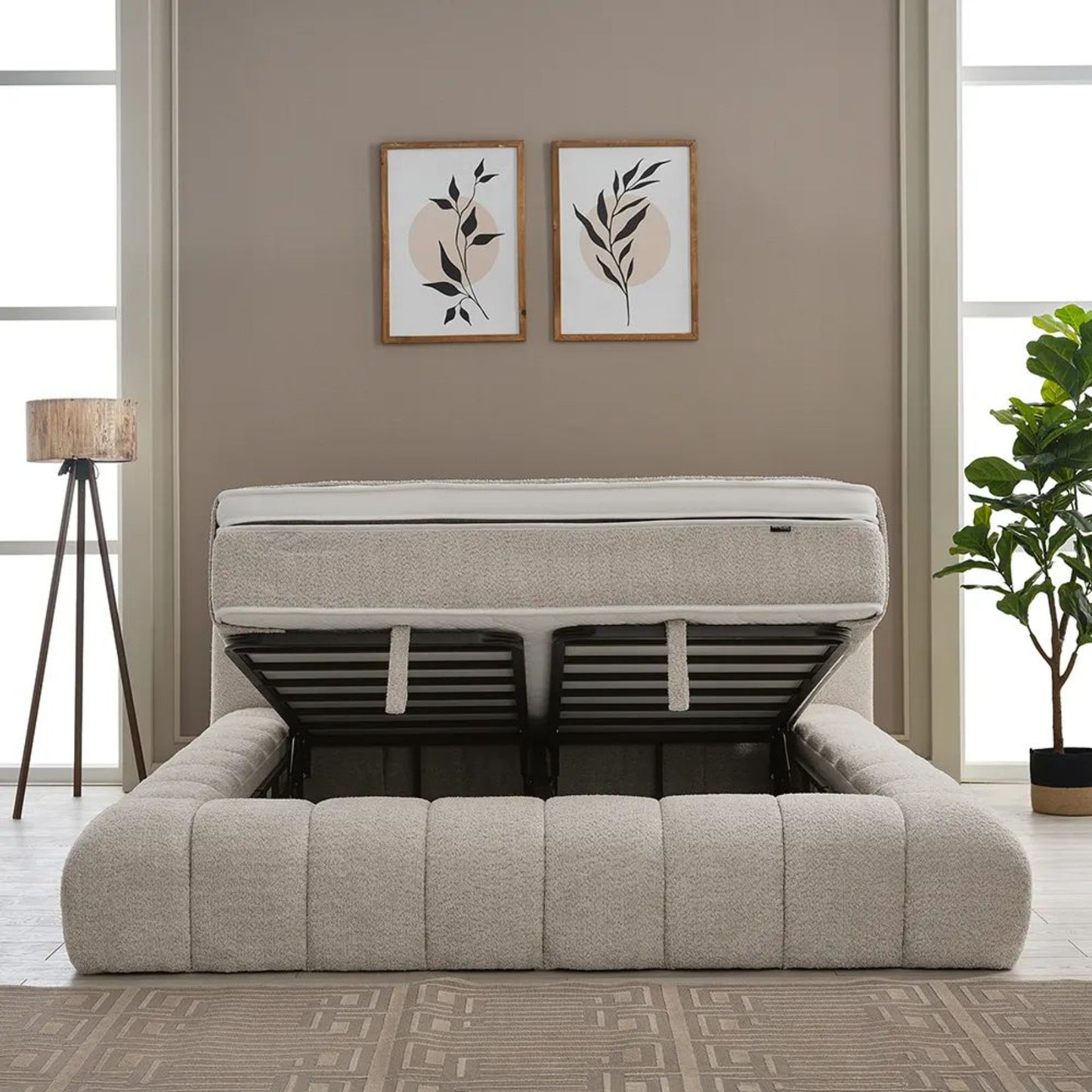 Boxspringbett Raina Beige Voll-orthopädisches Komfortbett mit Bettkasten, Stauraum, inkl. kostenlose Lieferung und Montage
