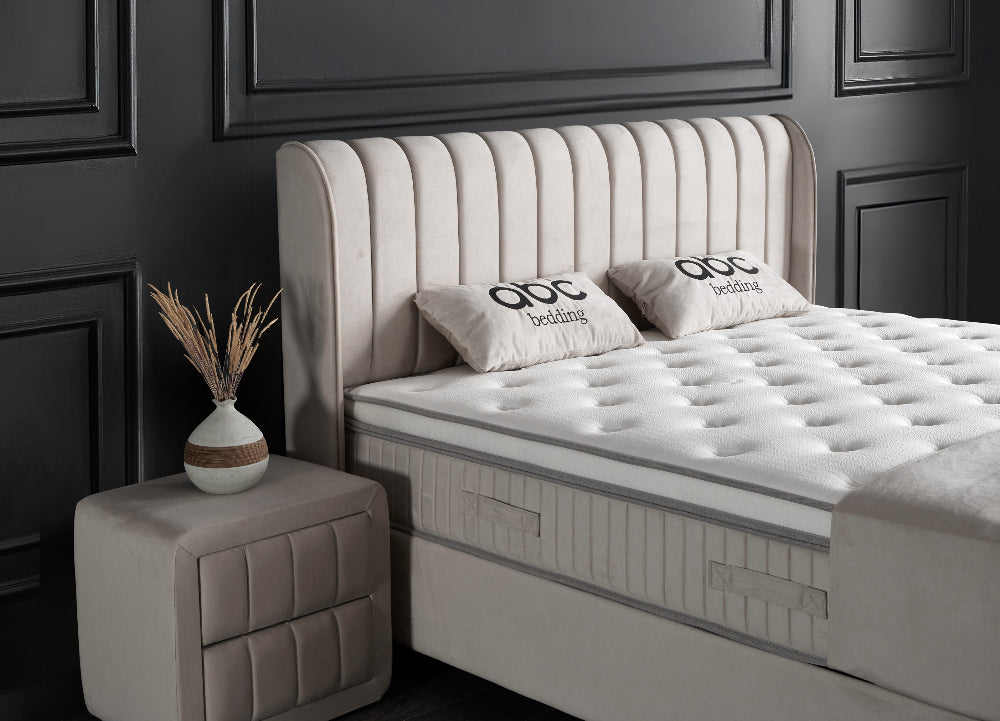 Boxspringbett Mabel Beige Voll-orthopädisches Komfortbett mit Bettkasten, Stauraum, inkl. kostenlose Lieferung und Montage