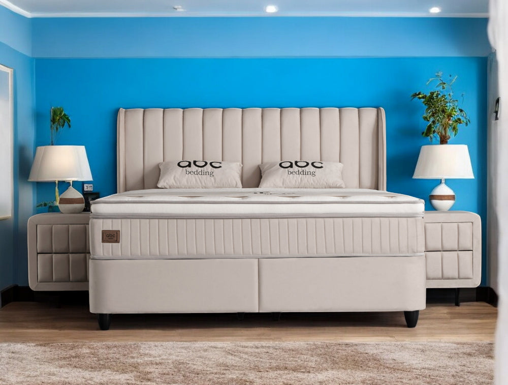 Boxspringbett Mabel Beige Voll-orthopädisches Komfortbett mit Bettkasten, Stauraum, inkl. kostenlose Lieferung und Montage