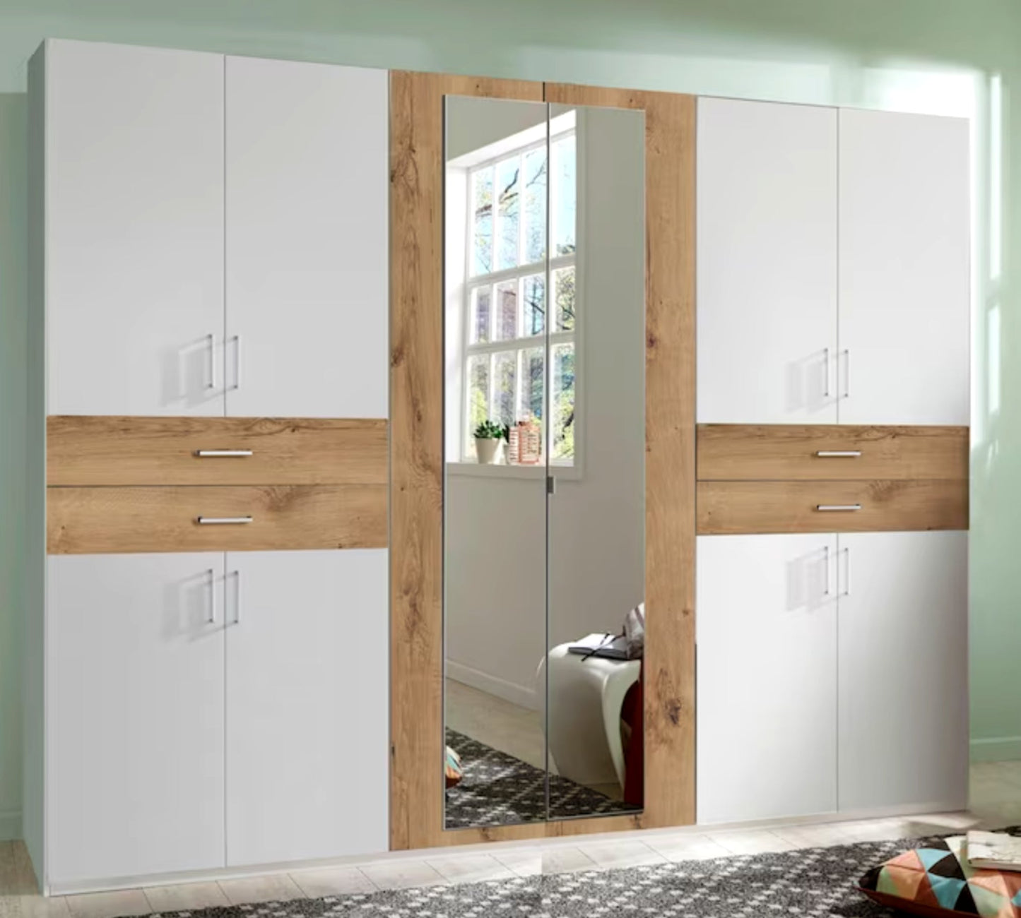 Drehtürenschrank Taiga 6-türig mit 2 Spiegeltüren und 4 Schubladen B/H/T ca. 270 x 208 x 58 cm