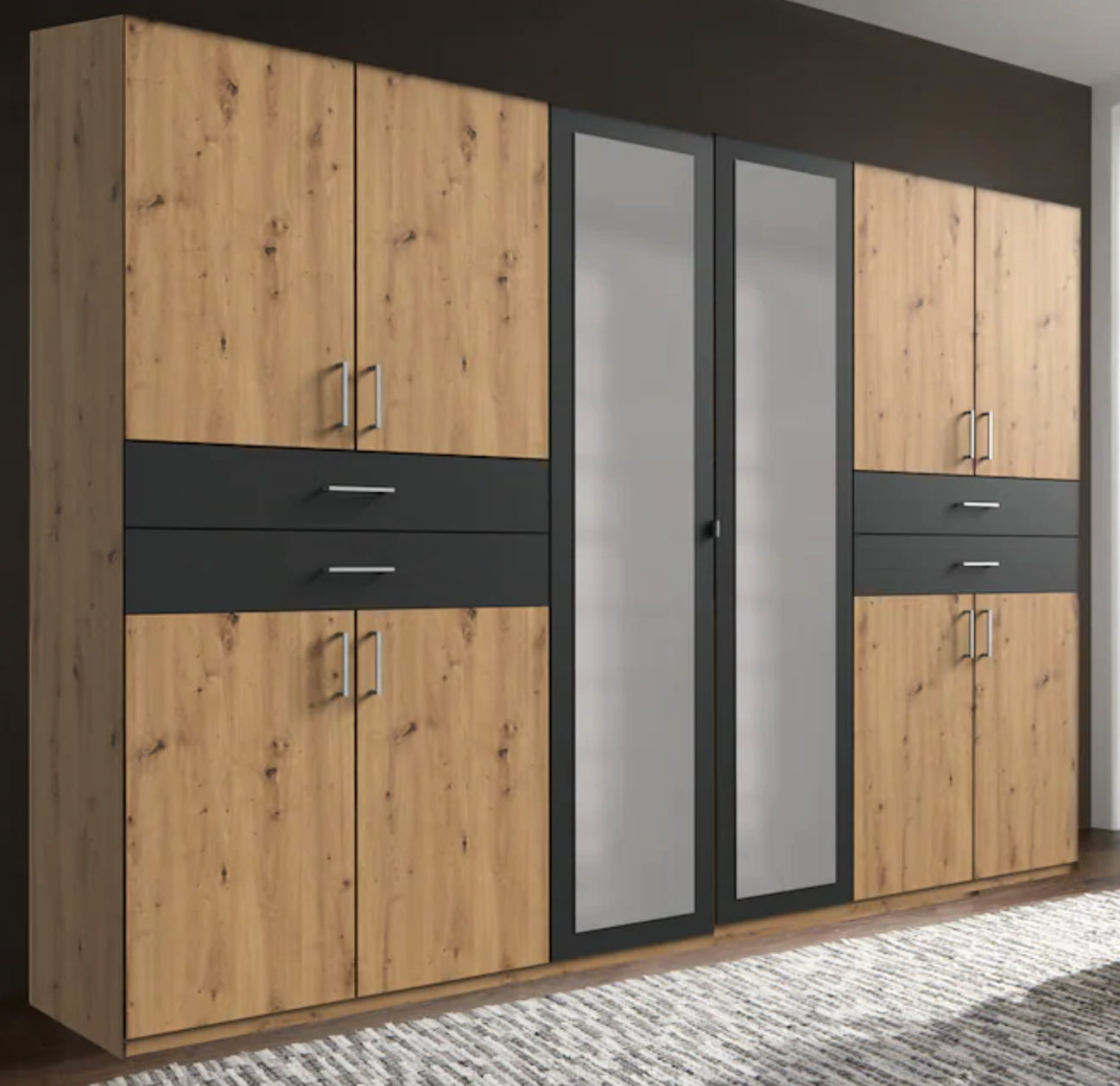 Drehtürenschrank Taiga 6-türig mit 2 Spiegeltüren und 4 Schubladen B/H/T ca. 270 x 208 x 58 cm