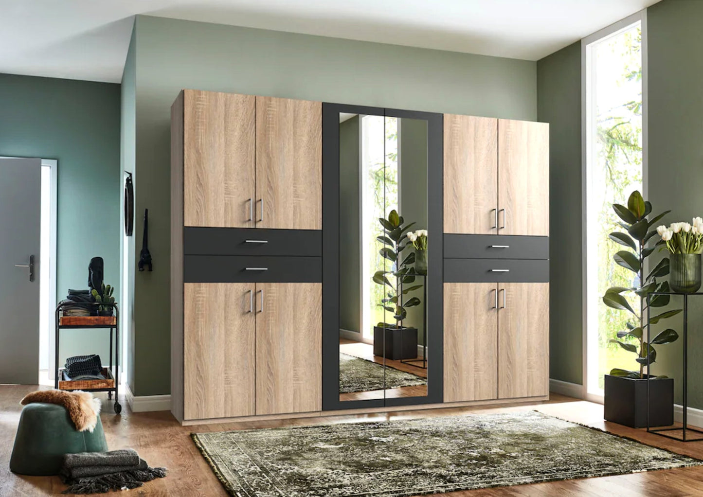 Drehtürenschrank Taiga 6-türig mit 2 Spiegeltüren und 4 Schubladen B/H/T ca. 270 x 208 x 58 cm