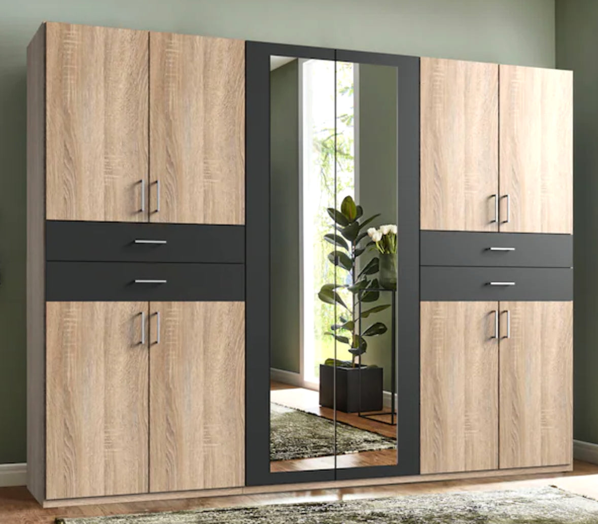 Drehtürenschrank Taiga 6-türig mit 2 Spiegeltüren und 4 Schubladen B/H/T ca. 270 x 208 x 58 cm