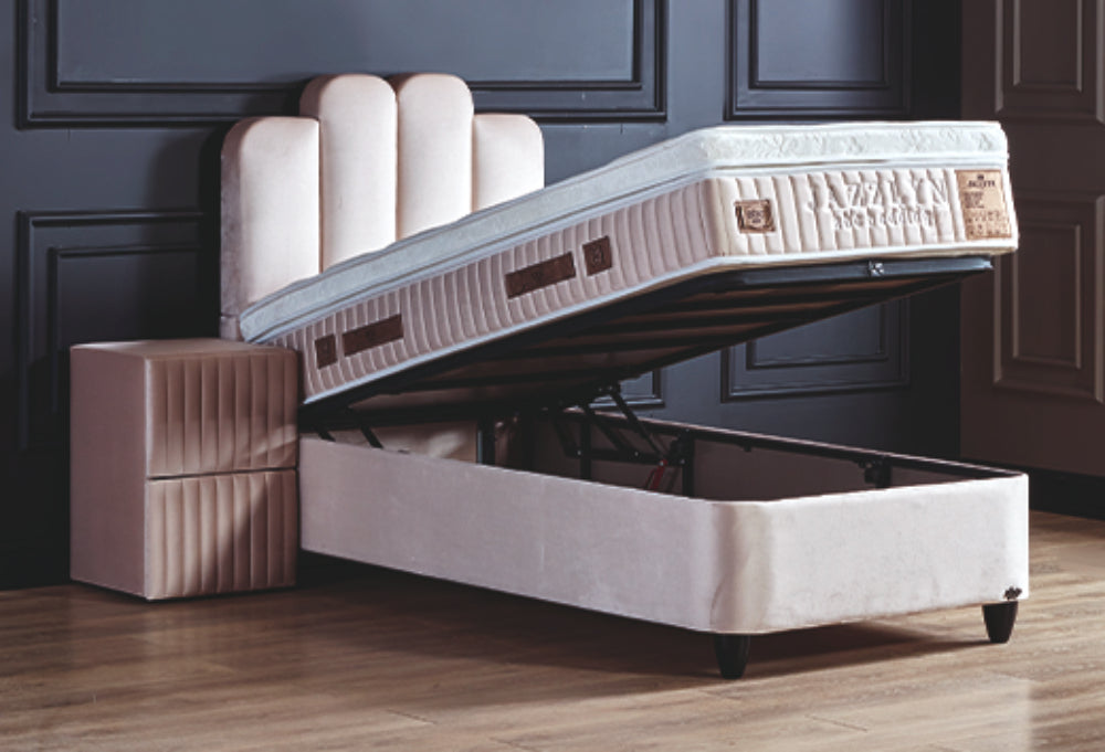 Boxspringbett Jazzlyn Beige Voll-orthopädisches Komfortbett mit Bettkasten, Stauraum, inkl. kostenlose Lieferung und Montage