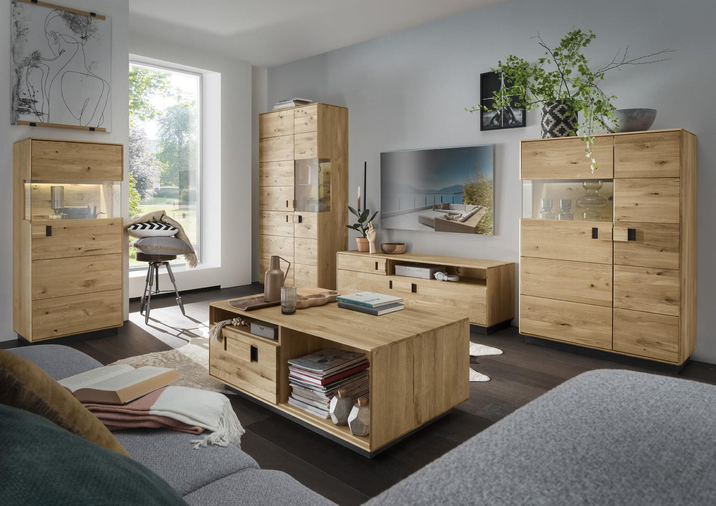 TPT Arosa Highboard 3-türig, Wildeiche/Еiche massiv Inkl. Beleuchtung Breite 96 cm x H 194 cm