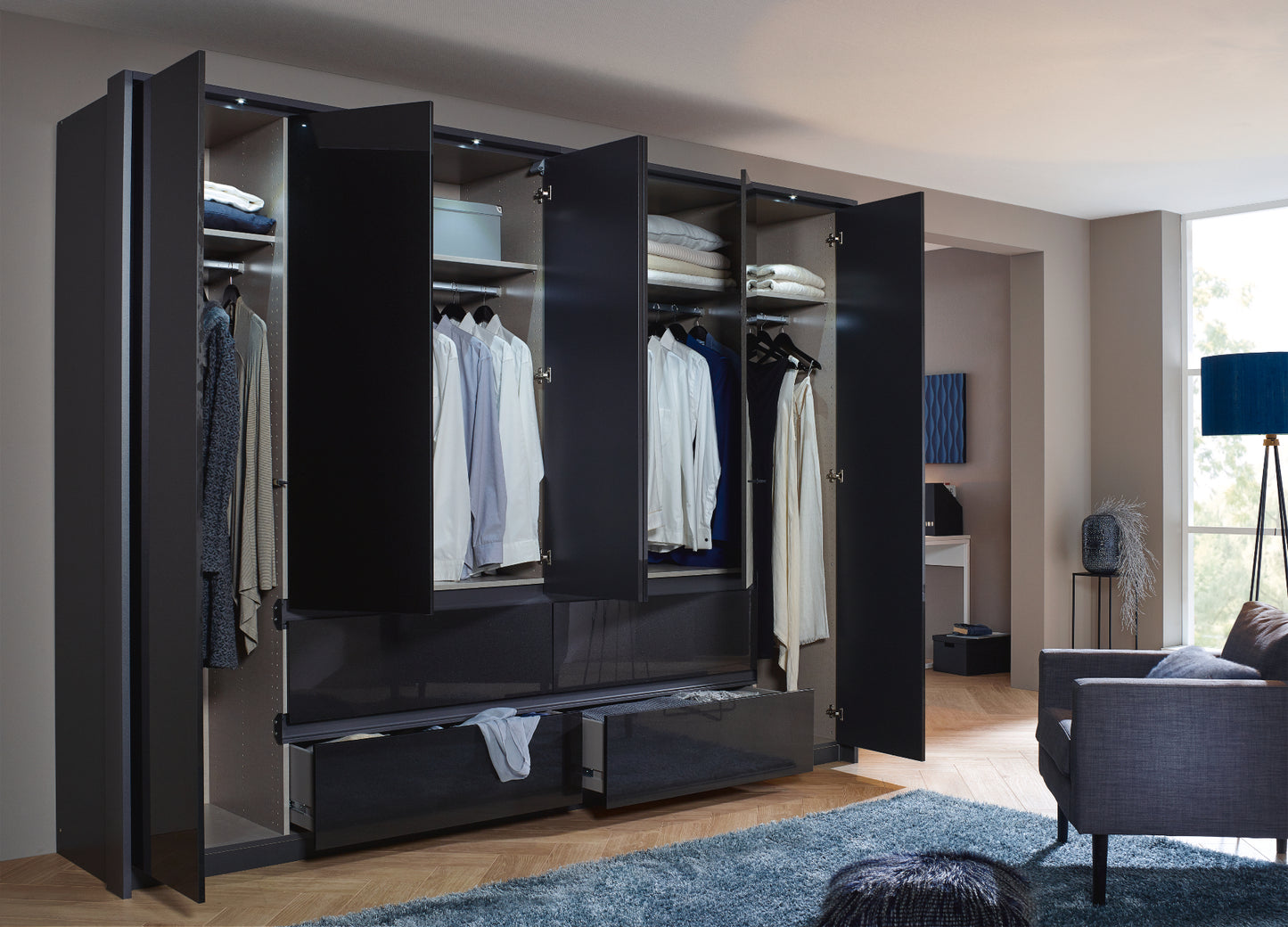 Drehtürenschrank Mainz Hochglanz 6-türig mit 4 Schubladen B/H/T ca. 270 x 210 x 54 cm