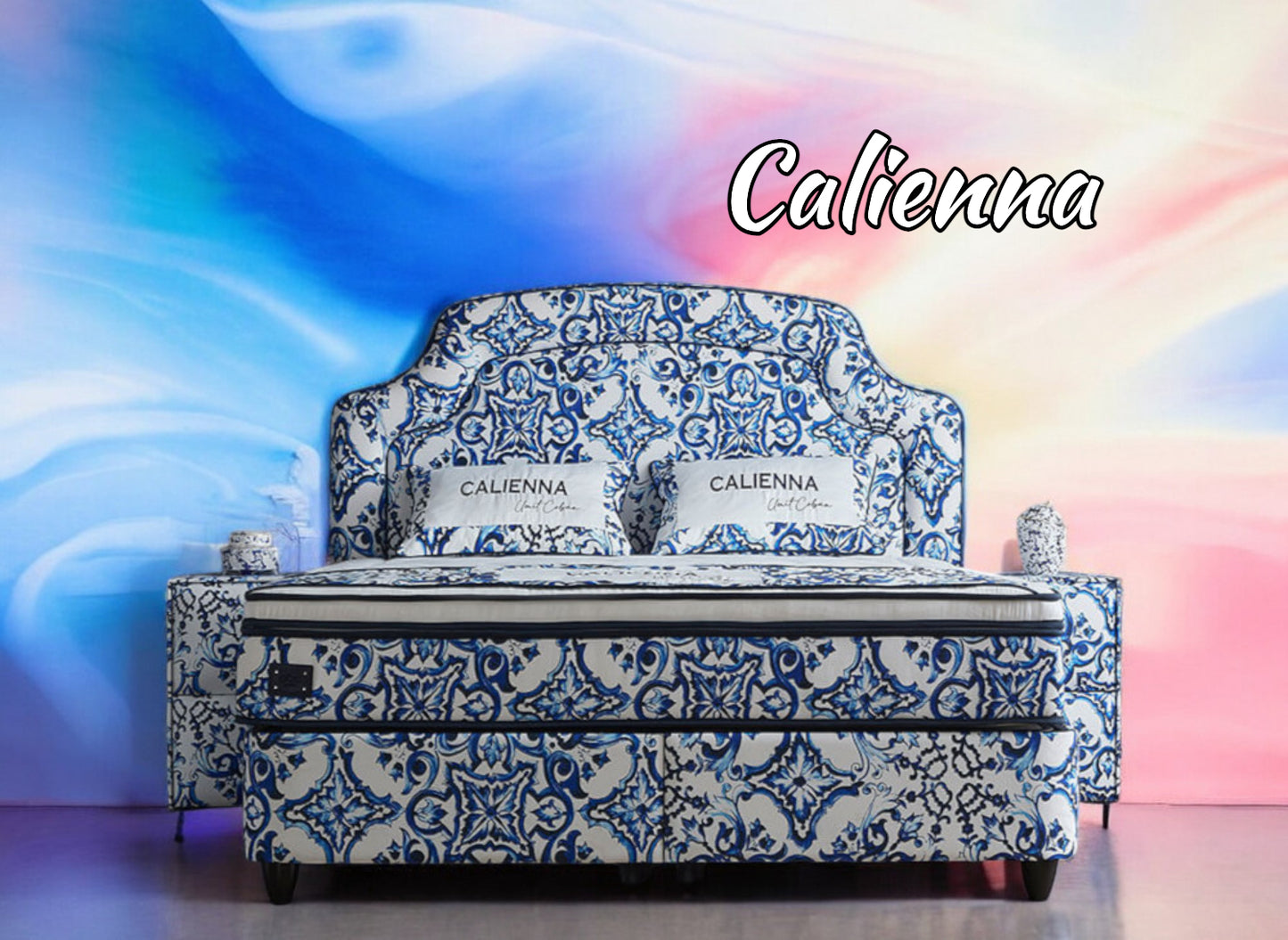 Boxspringbett Calienna im Dolce Gabbana Majolica Design Voll-orthopädisches Komfortbett mit Bettkasten, Stauraum, inkl. kostenlose Lieferung und Montage