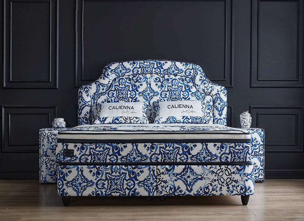 Boxspringbett Calienna im Dolce Gabbana Majolica Design Voll-orthopädisches Komfortbett mit Bettkasten, Stauraum, inkl. kostenlose Lieferung und Montage
