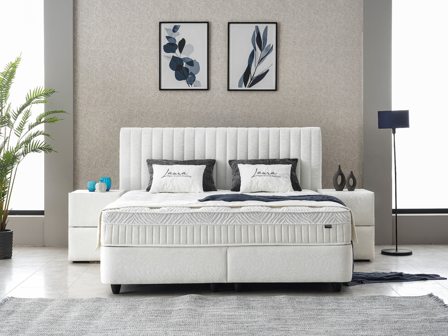 Boxspringbett Laura Cremeweiß Voll-orthopädisches Komfortbett mit Bettkasten, Stauraum, inkl. kostenlose Lieferung und Montage