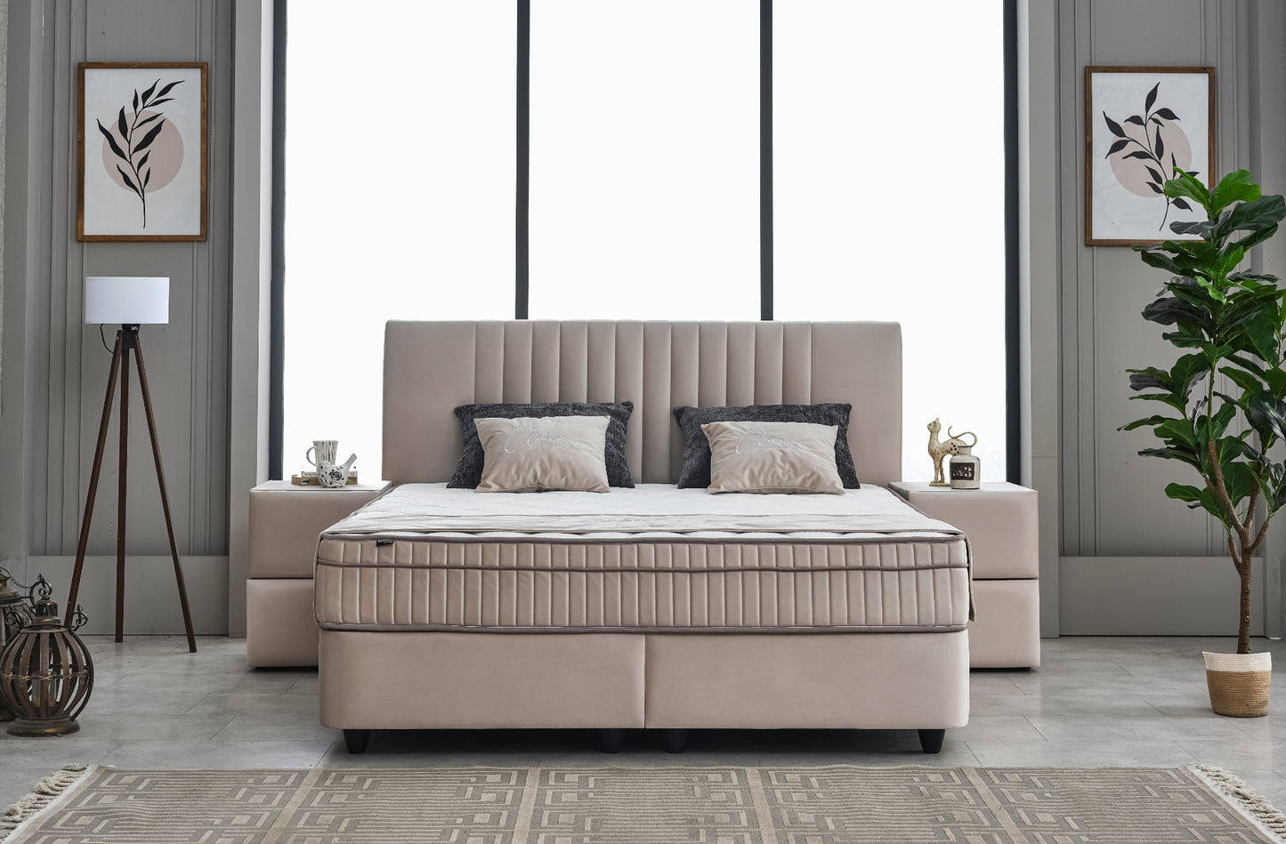 Boxspringbett Clara Beige Voll-orthopädisches Komfortbett mit Bettkasten, Stauraum, inkl. kostenlose Lieferung und Montage