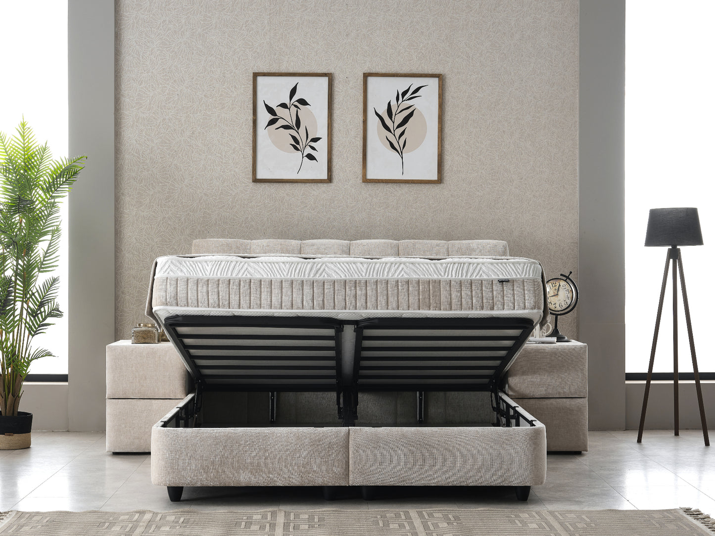 Boxspringbett Lucia Hellgrau/Beige Voll-orthopädisches Komfortbett mit Bettkasten, Stauraum, inkl. kostenlose Lieferung und Montage