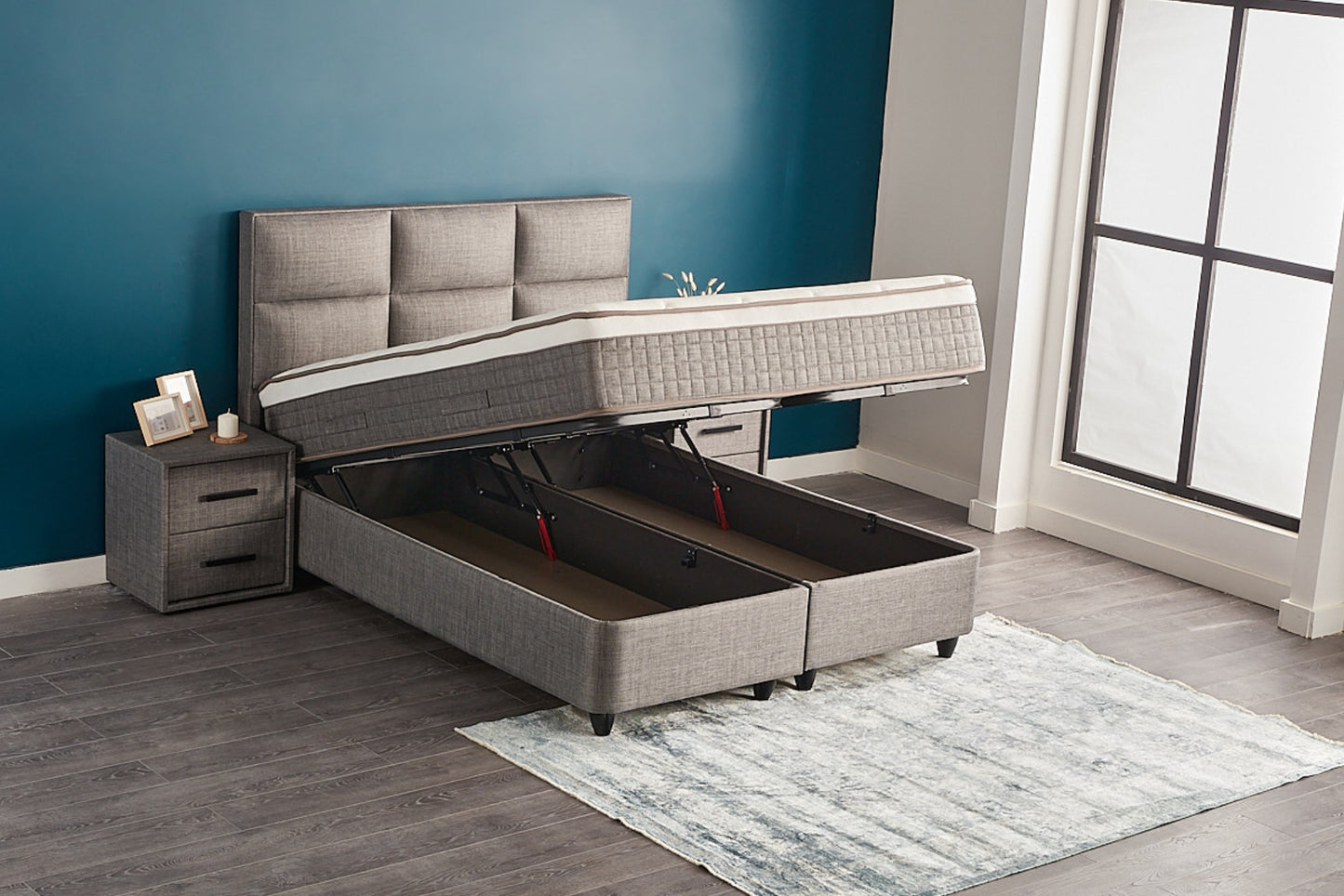 Boxspringbett Zelda Grau/Anthrazit Voll-orthopädisches Komfortbett mit Bettkasten, Stauraum, inkl. kostenlose Lieferung und Montage
