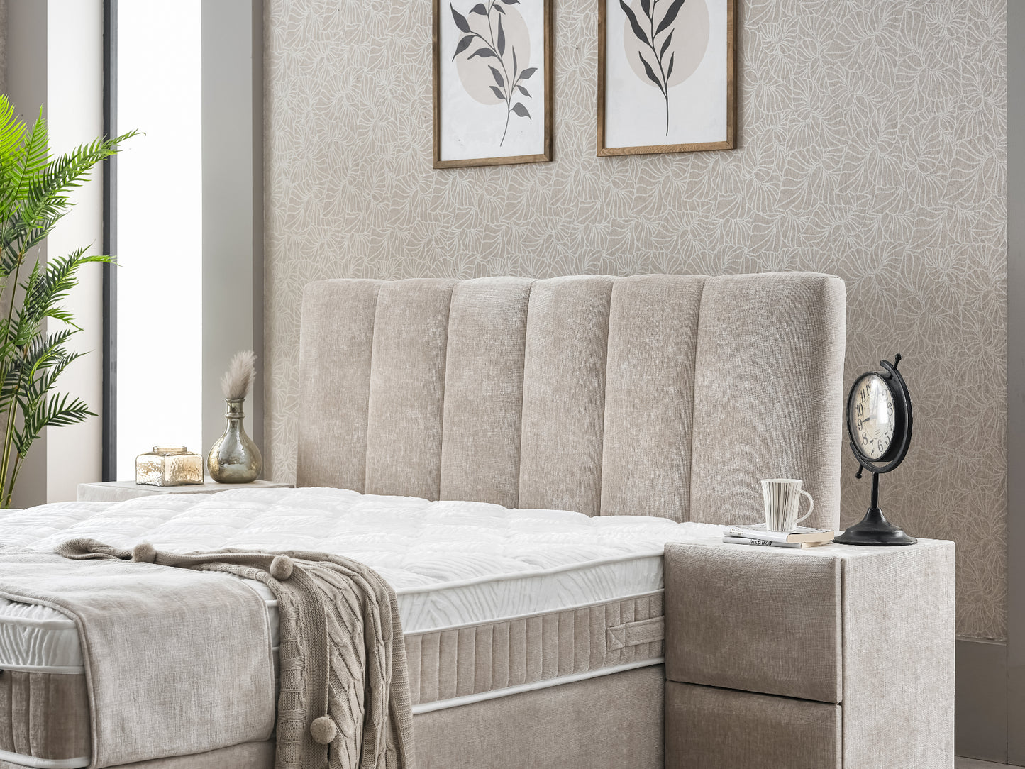 Boxspringbett Lucia Hellgrau/Beige Voll-orthopädisches Komfortbett mit Bettkasten, Stauraum, inkl. kostenlose Lieferung und Montage
