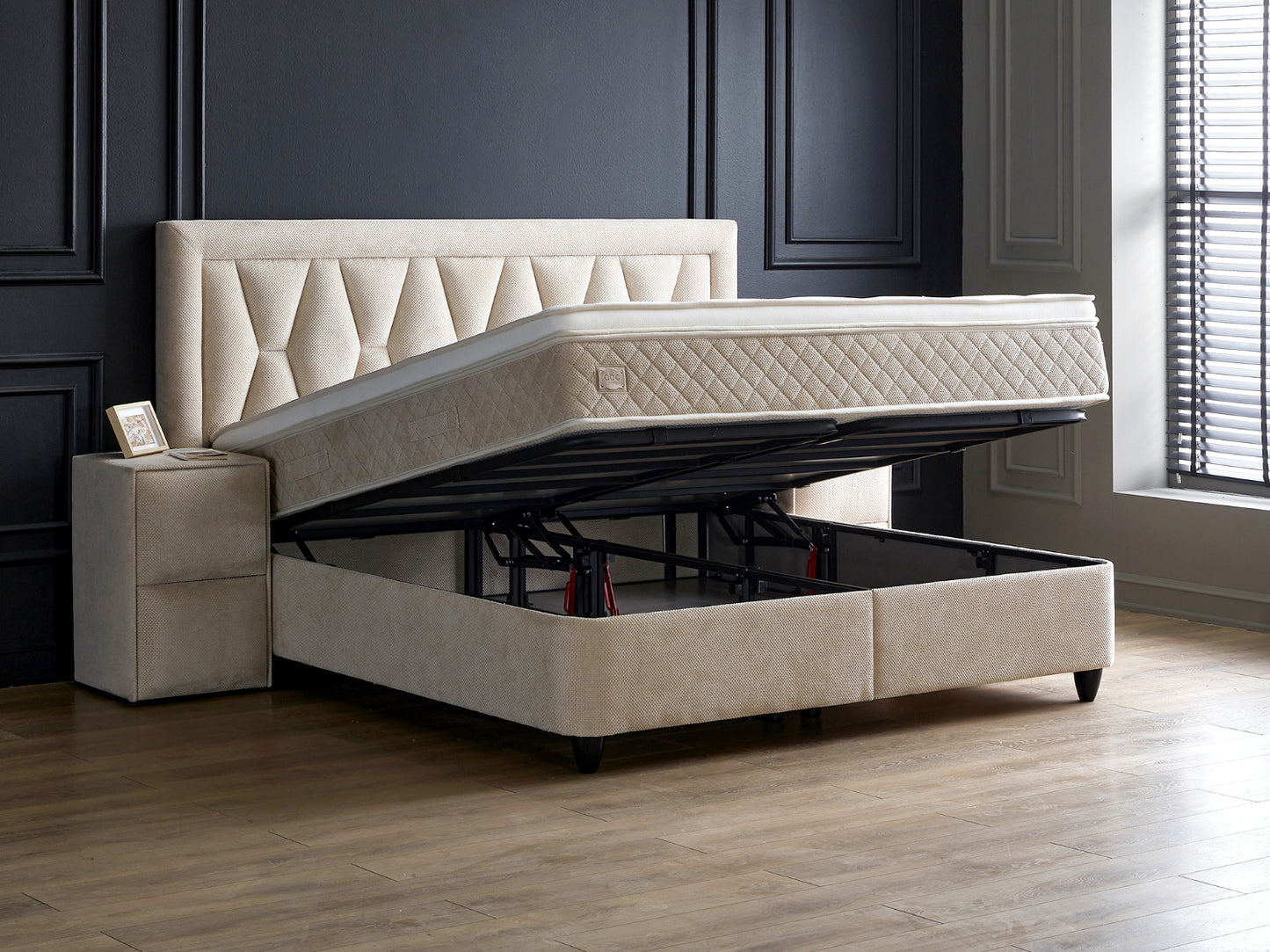 Boxspringbett Azura Beige Voll-orthopädisches Komfortbett mit Bettkasten, Stauraum, inkl. kostenlose Lieferung und Montage