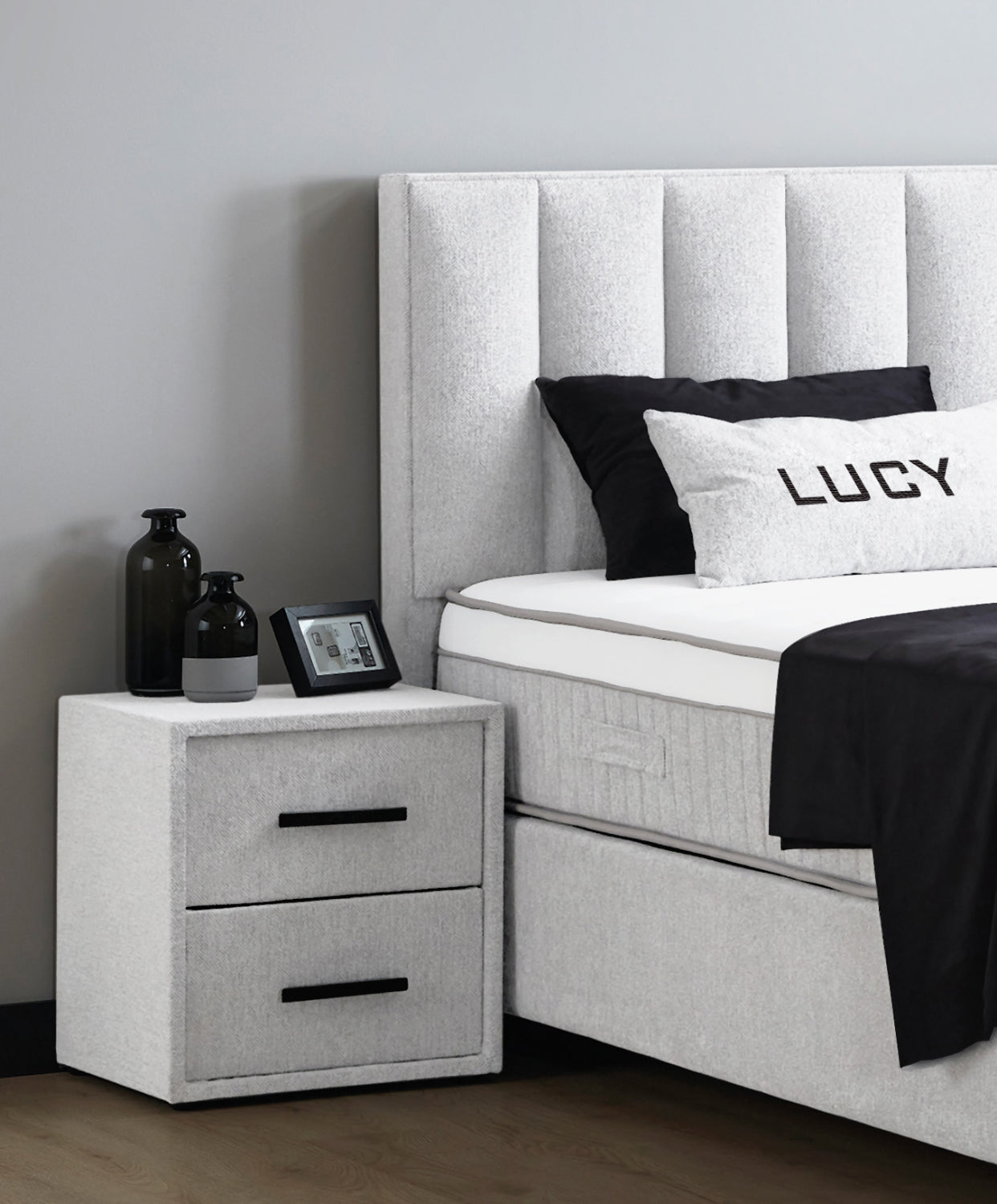 Boxspringbett Lucy Hellgrau Voll-orthopädisches Komfortbett mit Bettkasten, Stauraum, inkl. kostenlose Lieferung und Montage