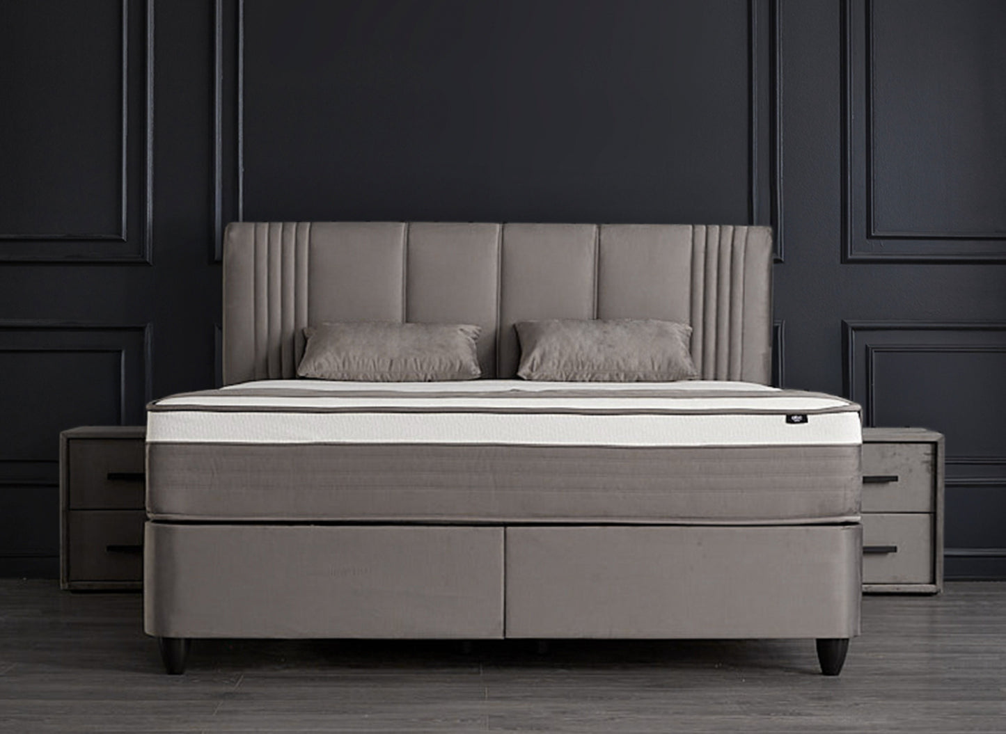 Boxspringbett Belicia Grau Voll-orthopädisches Komfortbett mit Bettkasten, Stauraum, inkl. kostenlose Lieferung und Montage
