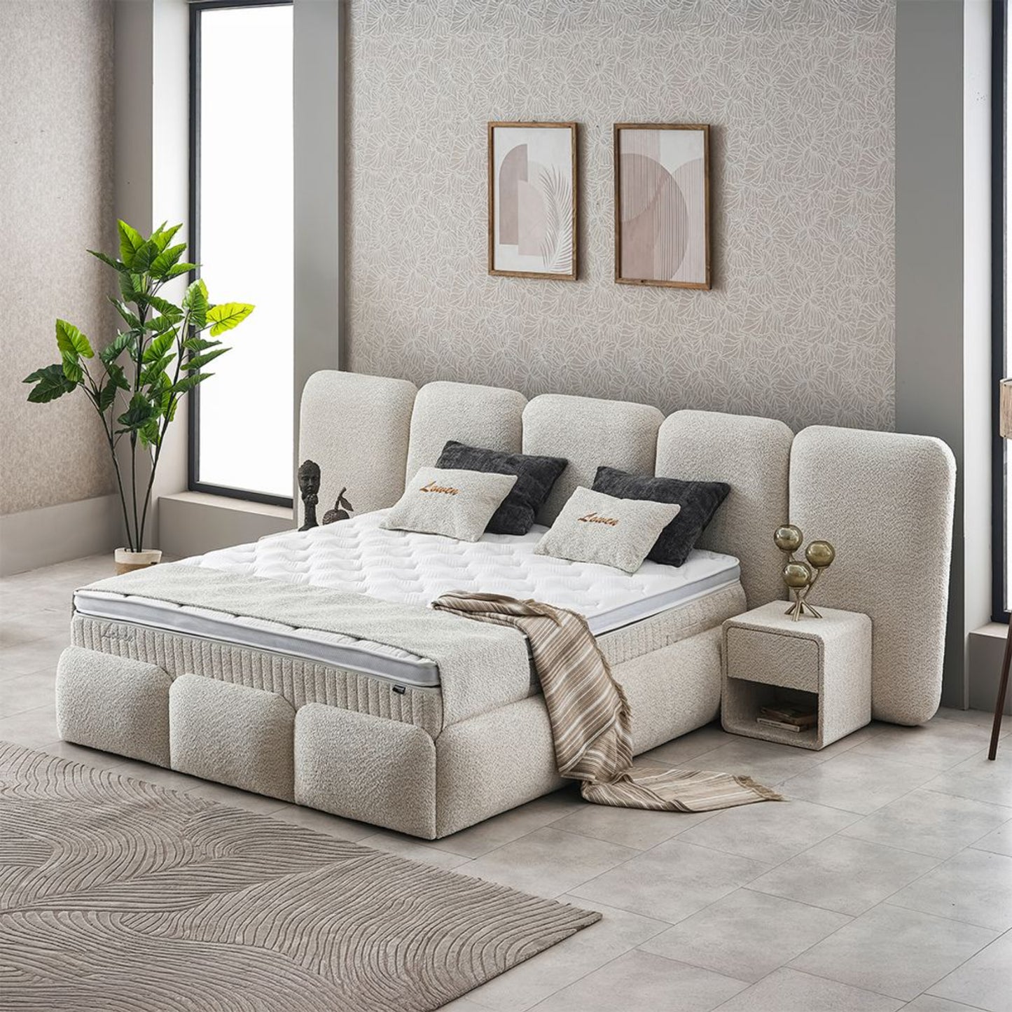 Boxspringbett Lowen Beige Voll-orthopädisches Komfortbett mit Bettkasten, Stauraum, inkl. kostenlose Lieferung und Montage