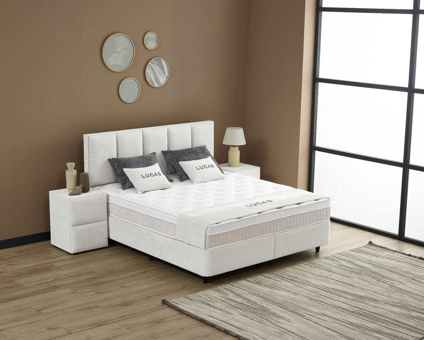 Boxspringbett Lucas Cremeweiß/Hellbeige Voll-orthopädisches Komfortbett mit Bettkasten, Stauraum, inkl. kostenlose Lieferung und Montage