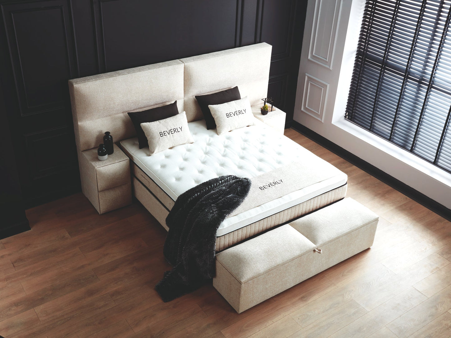Boxspringbett Beverly Beige Voll-orthopädisches Komfortbett mit Bettkasten, Stauraum, inkl. kostenlose Lieferung und Montage