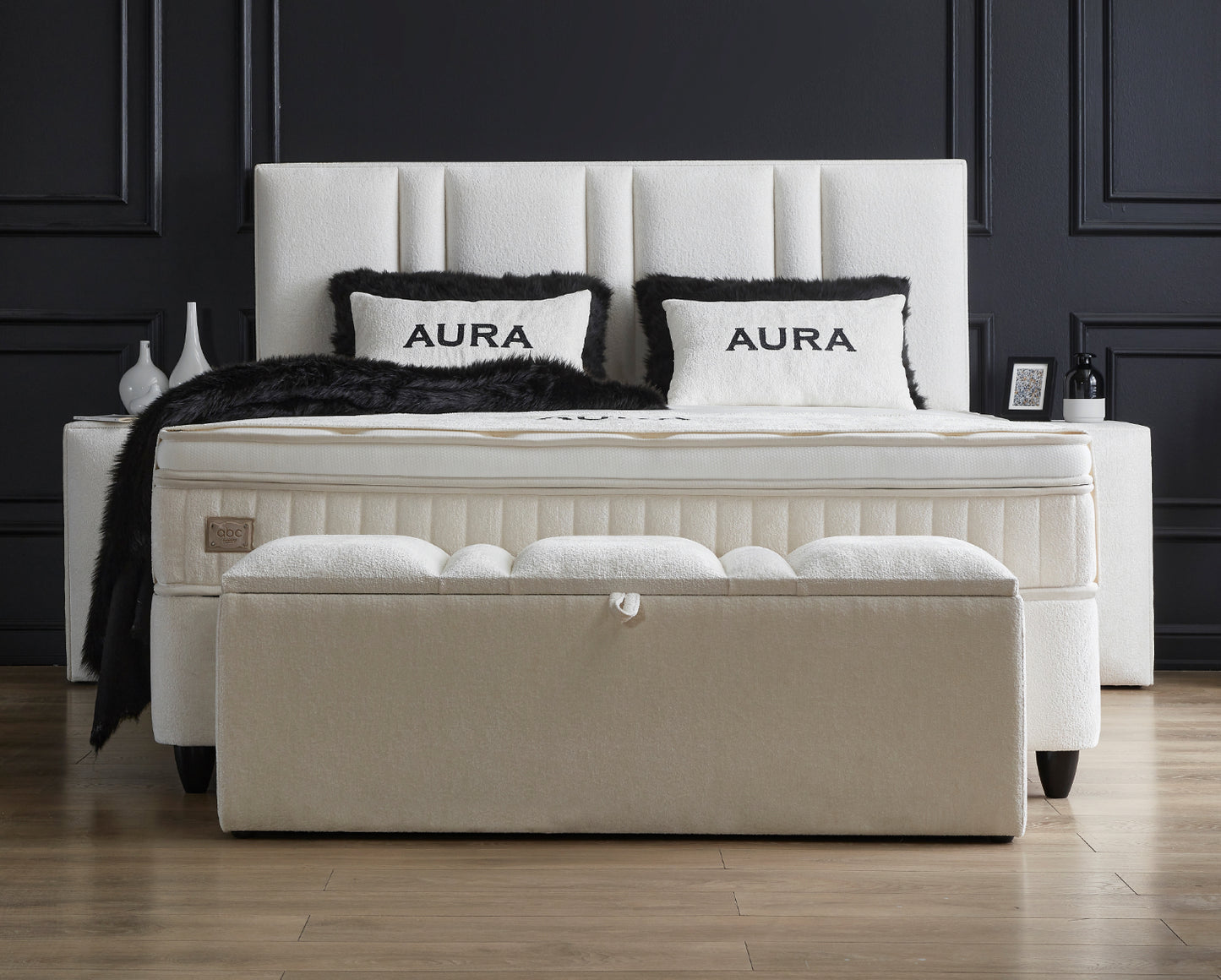 Boxspringbett Aura Cremeweiß Voll-orthopädisches Komfortbett mit Bettkasten, Stauraum, inkl. kostenlose Lieferung und Montage