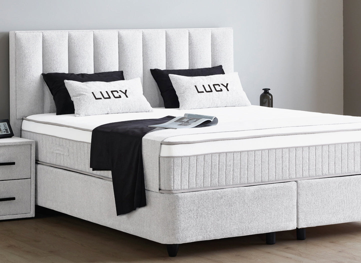 Boxspringbett Lucy Hellgrau Voll-orthopädisches Komfortbett mit Bettkasten, Stauraum, inkl. kostenlose Lieferung und Montage