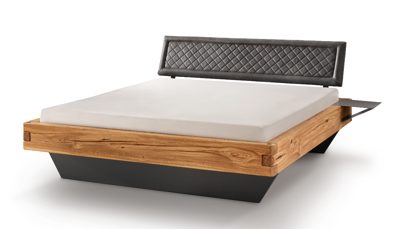 TPT Balkenbett 820-VIII mit Stoffkopfteil gesteppt, Wildeiche massiv natur geölt Breite 140-200 x 200 cm