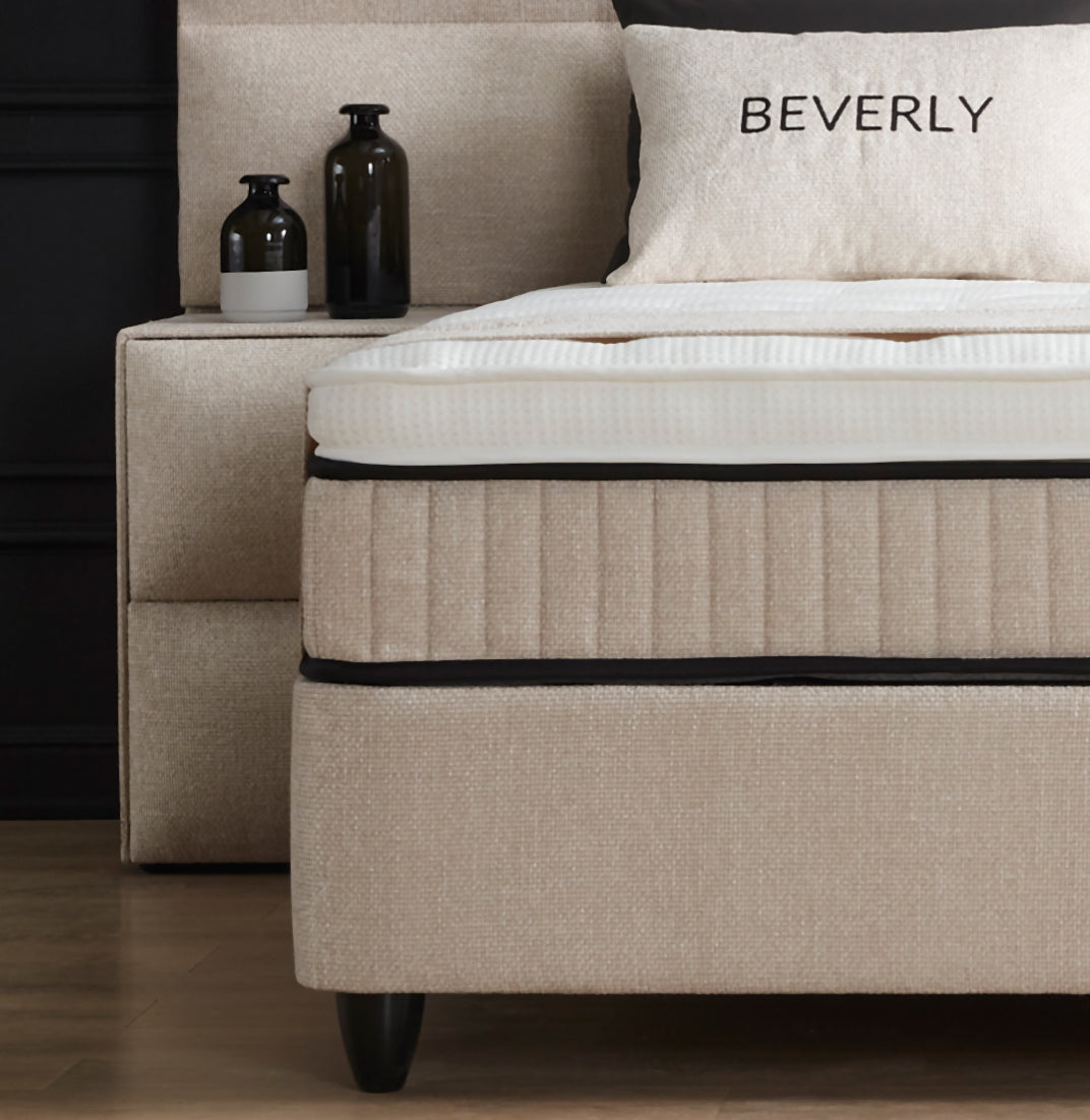 Boxspringbett Beverly Beige Voll-orthopädisches Komfortbett mit Bettkasten, Stauraum, inkl. kostenlose Lieferung und Montage