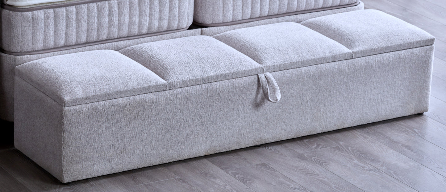 Boxspringbett Liberta hellgrau Voll-orthopädisches Komfortbett mit Bettkasten, Stauraum, inkl. Beleuchtung und integrierten Steckdosen im Kopfteil, inklusive kostenlose Lieferung und Montage