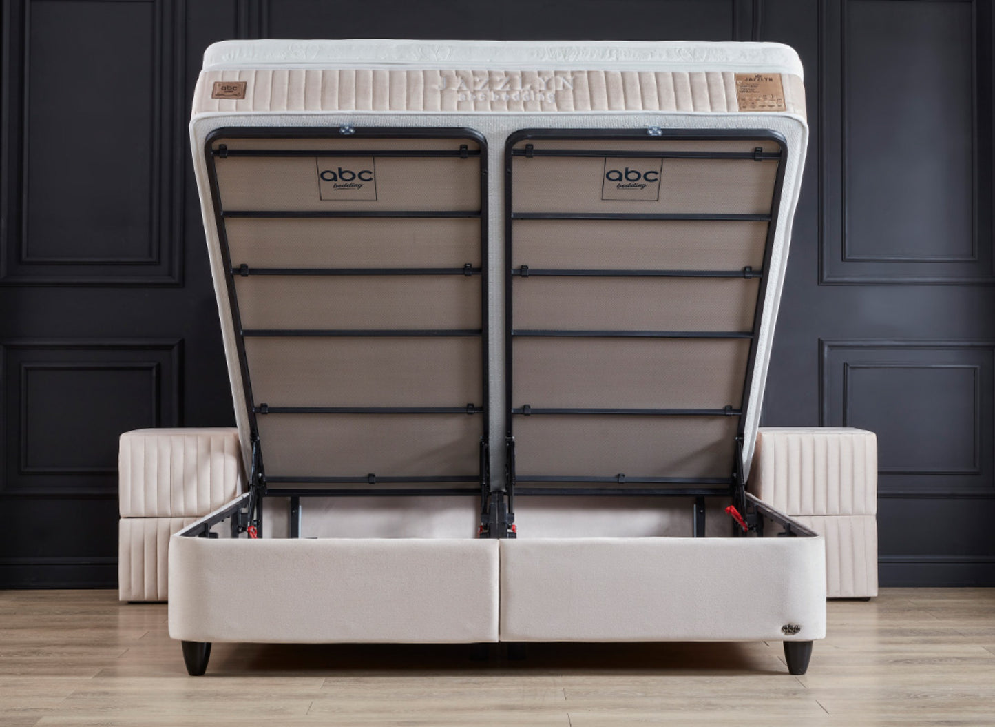 Boxspringbett Jazzlyn Beige Voll-orthopädisches Komfortbett mit Bettkasten, Stauraum, inkl. kostenlose Lieferung und Montage