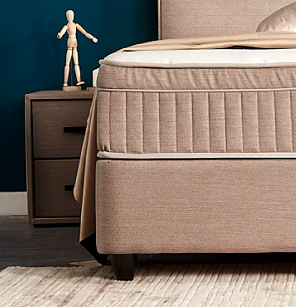 Boxspringbett Senna Beige/Braun Voll-orthopädisches Komfortbett mit Bettkasten, Stauraum, inkl. kostenlose Lieferung und Montage