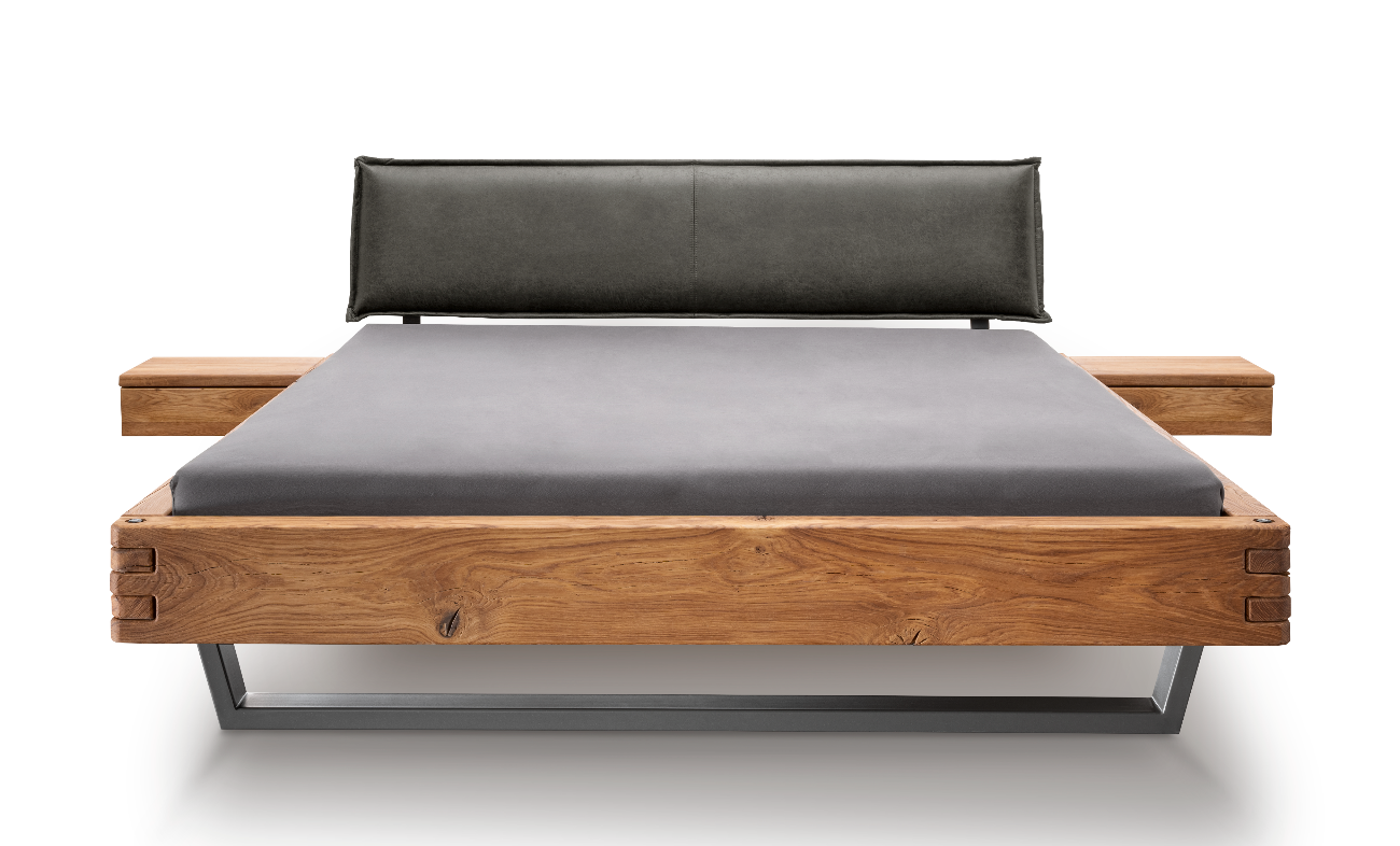 TPT Balkenbett 820-IX mit Stoffkopfteil, Wildeiche massiv natur geölt Breite 140-200 x 200 cm
