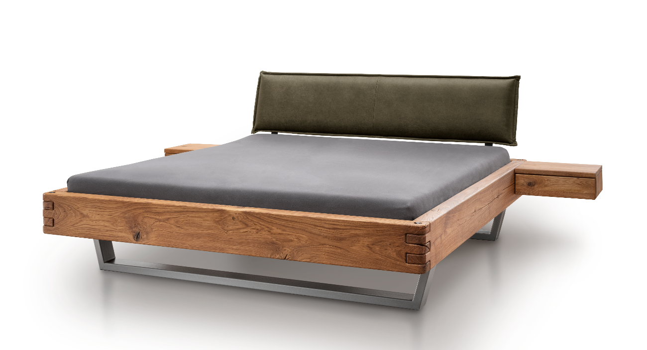 TPT Balkenbett 820-IX mit Stoffkopfteil, Wildeiche massiv natur geölt Breite 140-200 x 200 cm