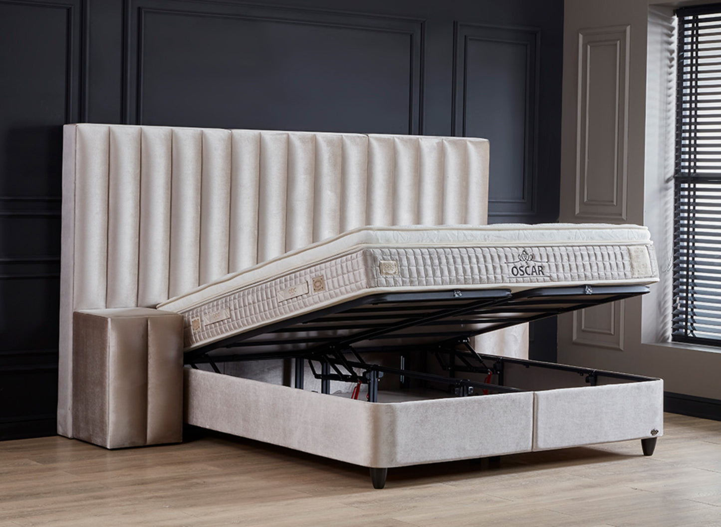 Boxspringbett Oscar Beige Voll-orthopädisches Komfortbett mit Bettkasten, Stauraum, inkl. kostenlose Lieferung und Montage
