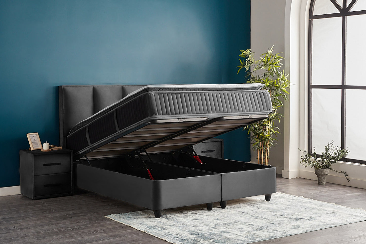 Boxspringbett Nora Grau Voll-orthopädisches Komfortbett mit Bettkasten, Stauraum, inkl. kostenlose Lieferung und Montage