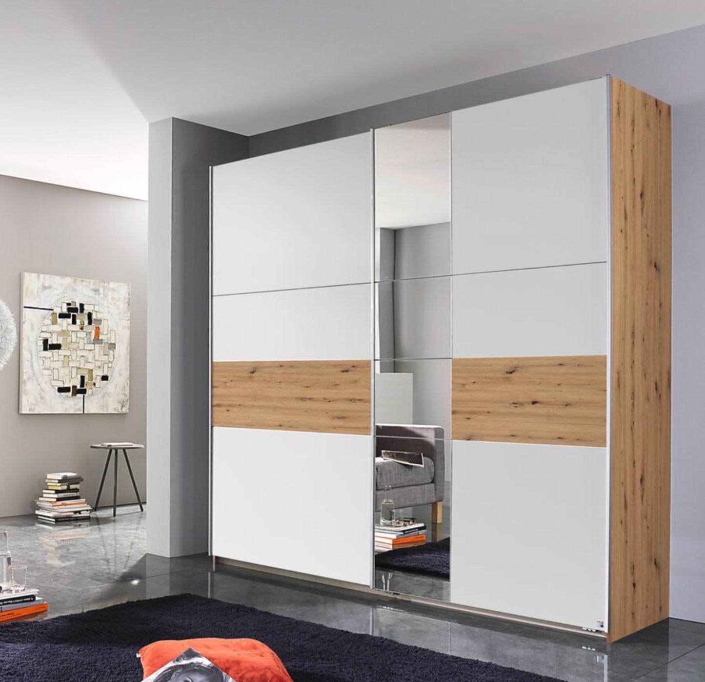 Schwebetürenschrank Korbach 2-türig mit Teilspiegelfront B/H/T 218 x 210 x 59 cm, Zubehör Classic