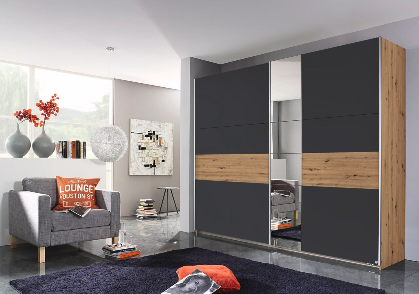 Schwebetürenschrank Korbach 2-türig mit Teilspiegelfront B/H/T 261 x 210 x 59 cm, Zubehör Classic