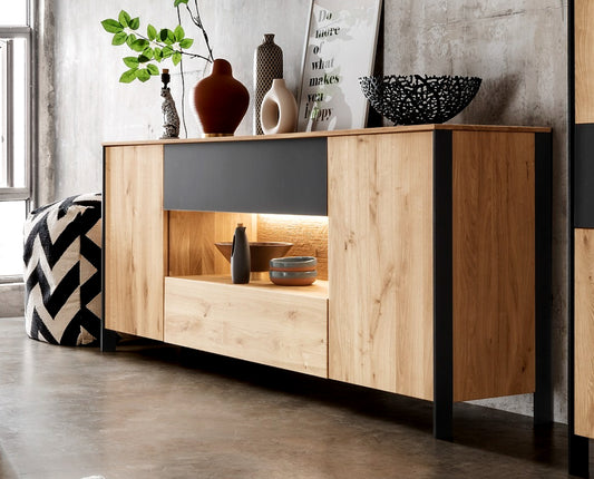 Sideboard Boston Eiche/Wildeiche massiv geölt inkl. Beleuchtung B/H/T 205 x 84 x 42 cm