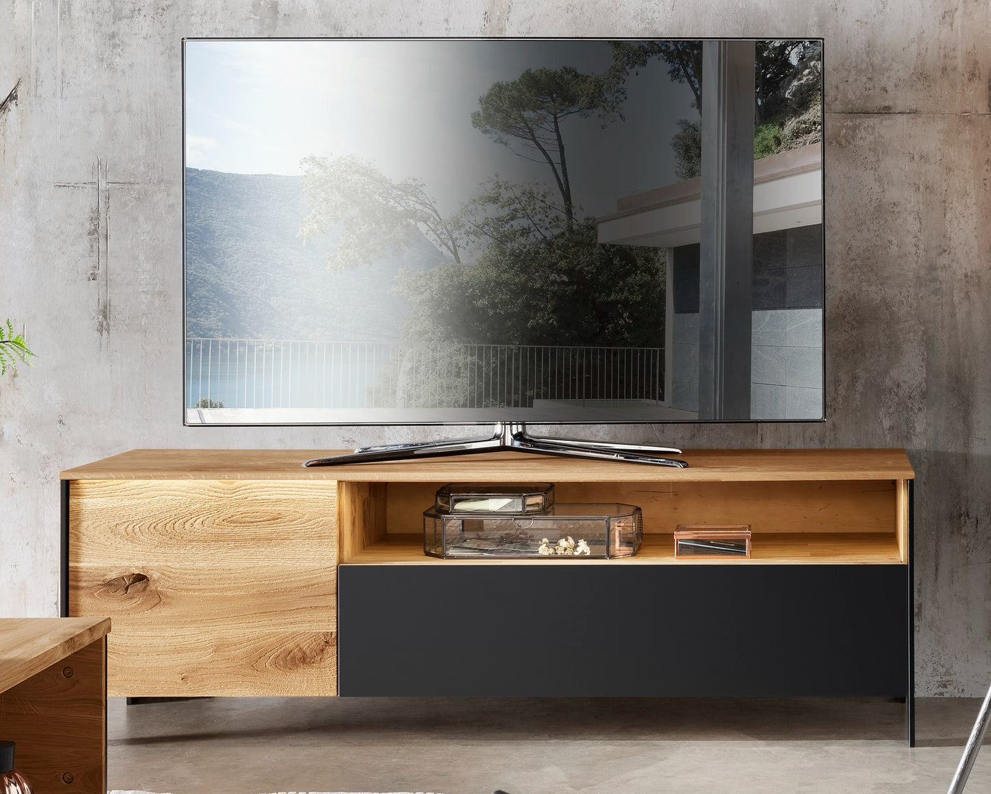 TV-Board Boston Wildeiche/Eiche massiv geölt inkl. Beleuchtung B/H/T 154 x 50 x 45 cm