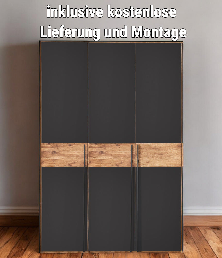 Forestales Drehtürenschrank Boston Wildeiche massiv geölt Fronten komplett aus Anthrazitglas matt B/H/T ca. 150-300 x 219 x 60 cm