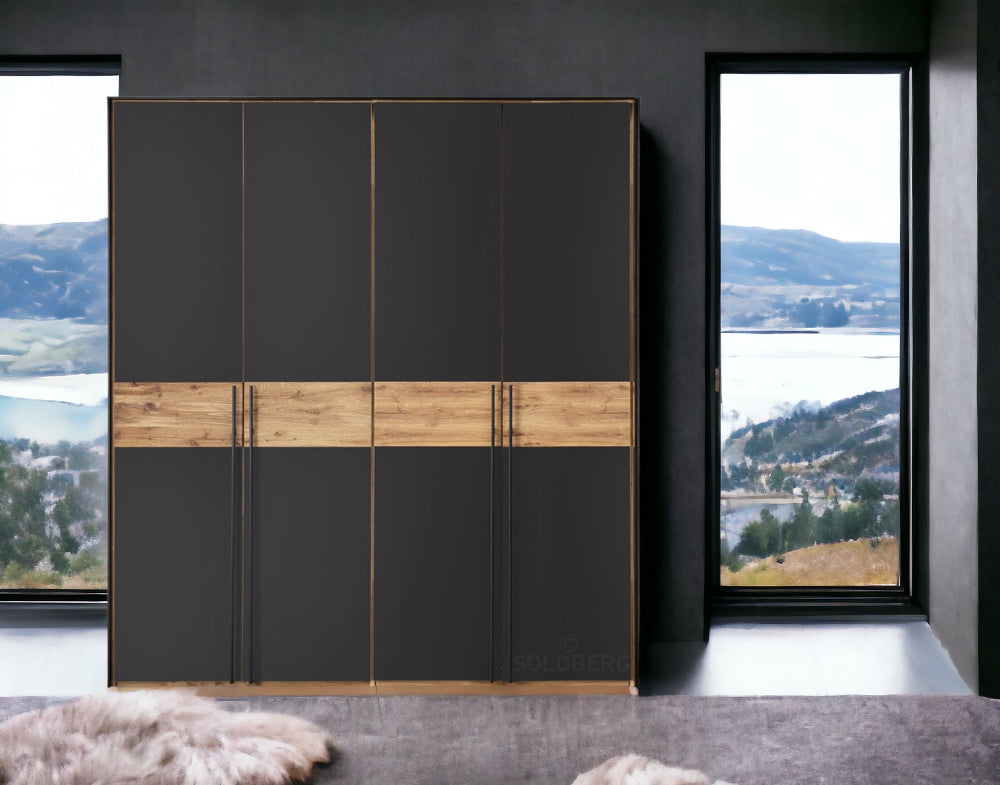 Forestales Drehtürenschrank Boston Wildeiche massiv geölt Fronten komplett aus Anthrazitglas matt B/H/T ca. 150-300 x 219 x 60 cm