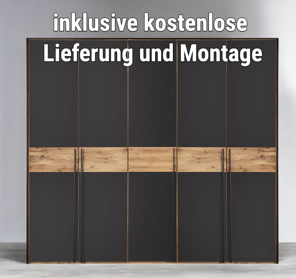 Forestales Drehtürenschrank Boston Wildeiche massiv geölt Fronten komplett aus Anthrazitglas matt B/H/T ca. 150-300 x 219 x 60 cm